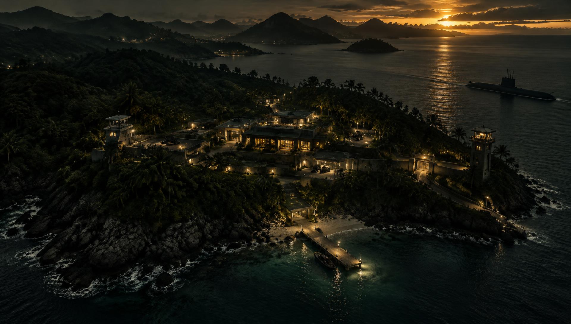 Isla tropical con un complejo iluminado al anochecer